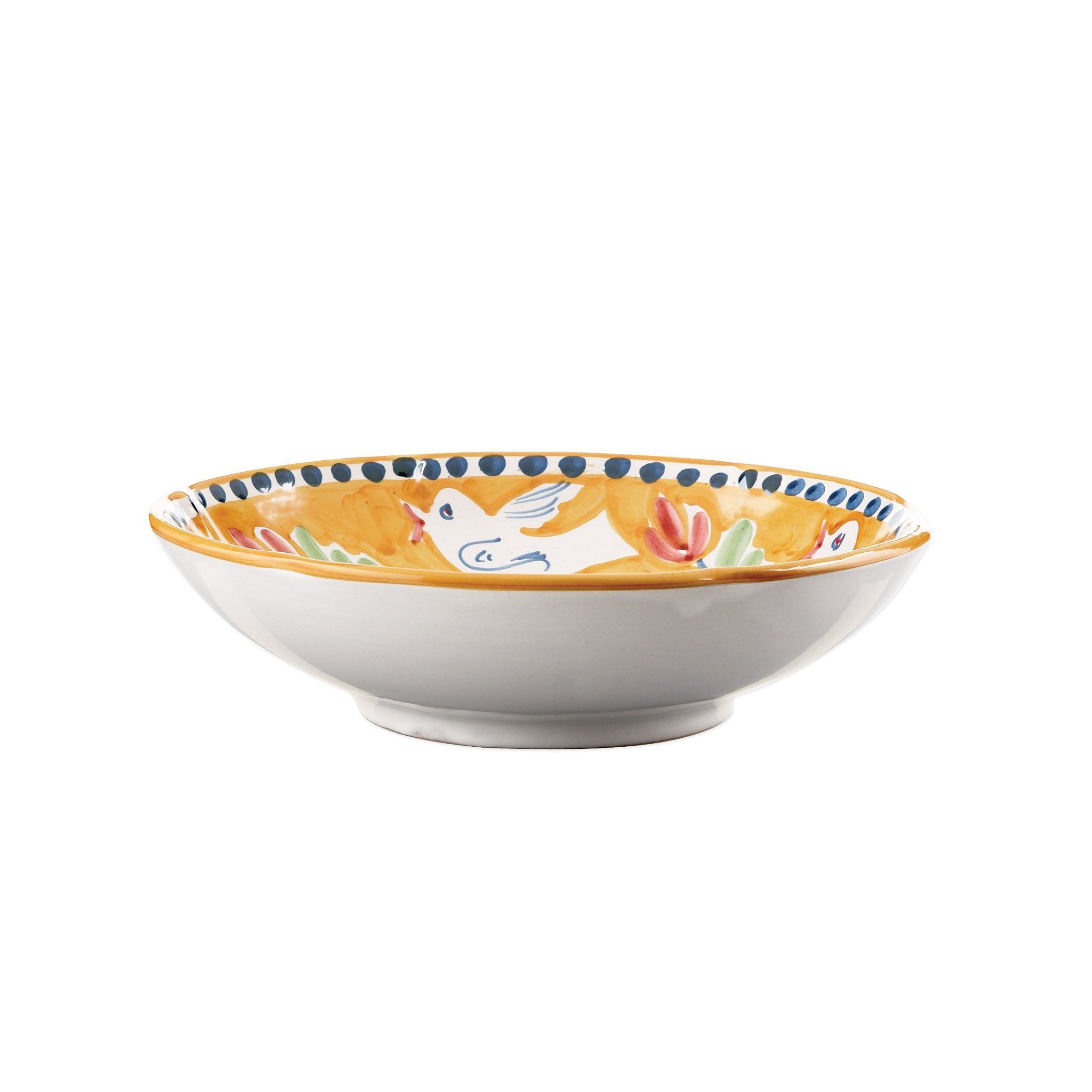 Vietri's Handmade Campagna Uccello Orange Coupe Pasta Bowl with Blue Accents