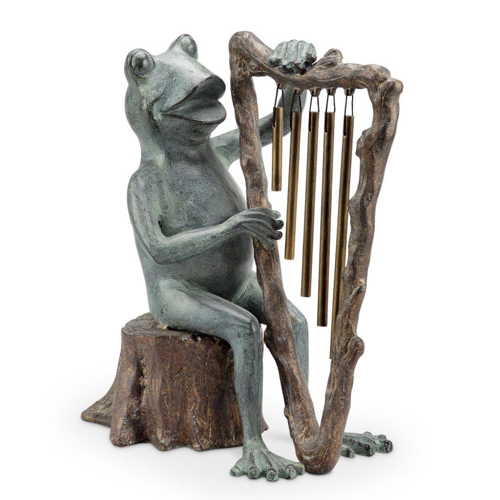 SPI Hand - Cast Aluminum Garden Frog Playing Harp Tube Windchime Statue