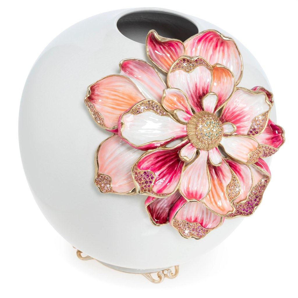 Exquisite Jay Strongwater Decorative Dolly Magnolia Ceramic Vase with Metal Base and Crystal - Adorned Magnolia