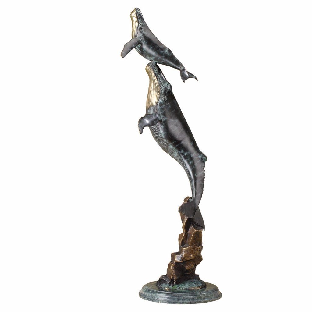 Stunning Brass Double Whale on Wave Sculpture with Green Marble Base - Part of Sea Life Collection