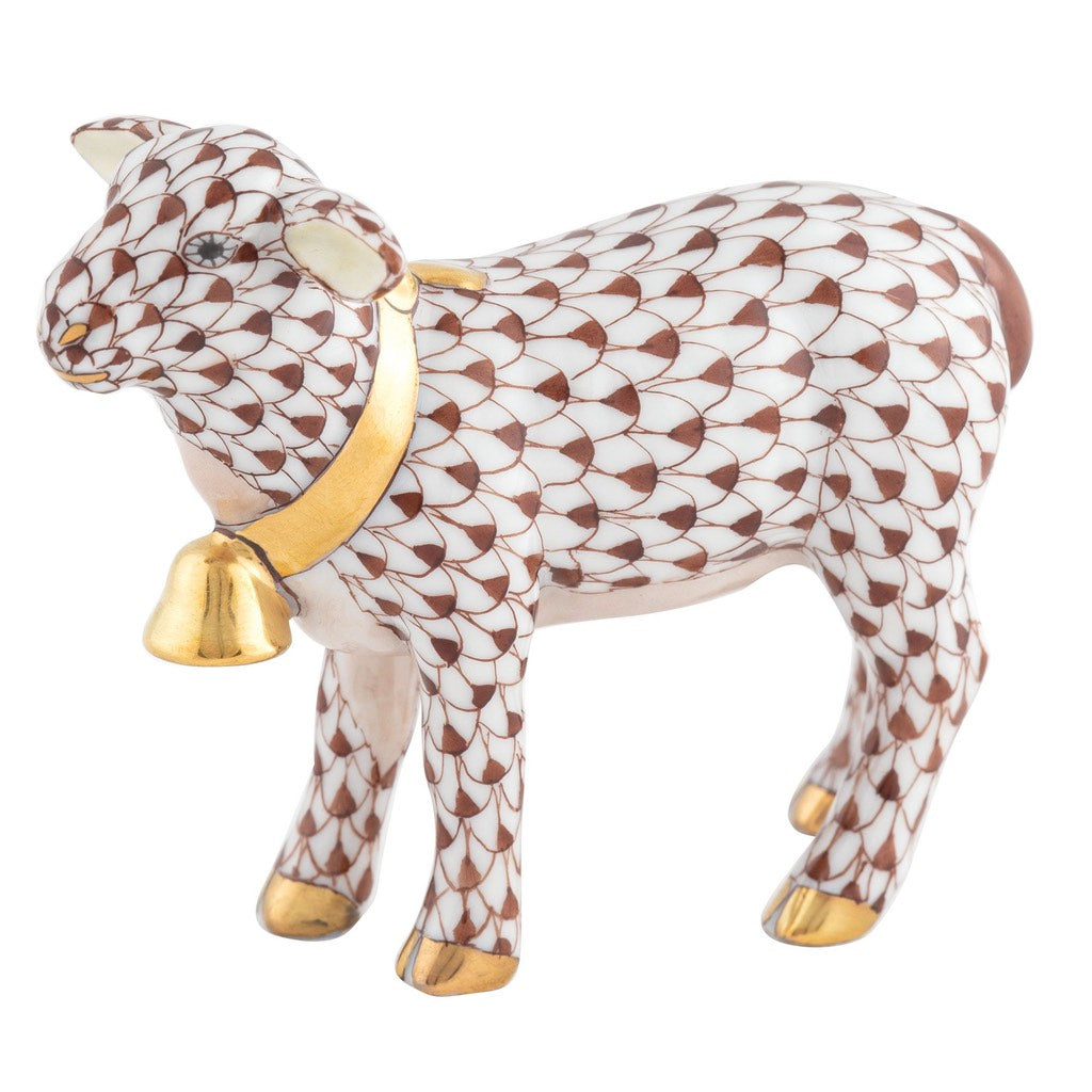 Exquisite Hand - painted Herend Porcelain Lamb Figurine with 24Kt Gold Bell