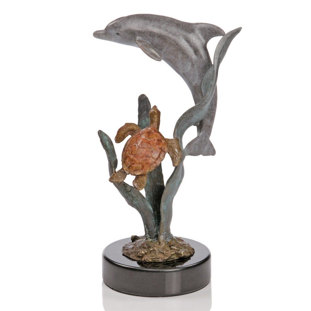 Exquisite SPI Gallery Paradise Decorative Dolphin and Turtle Brass Sculpture for Sea Life Enthusiasts