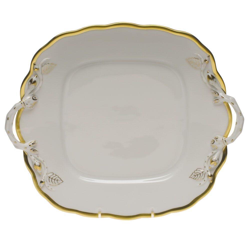 Exquisite Hand - painted Herend Gwendolyn Square Cake Plate with 24K Gold Rim and Handles