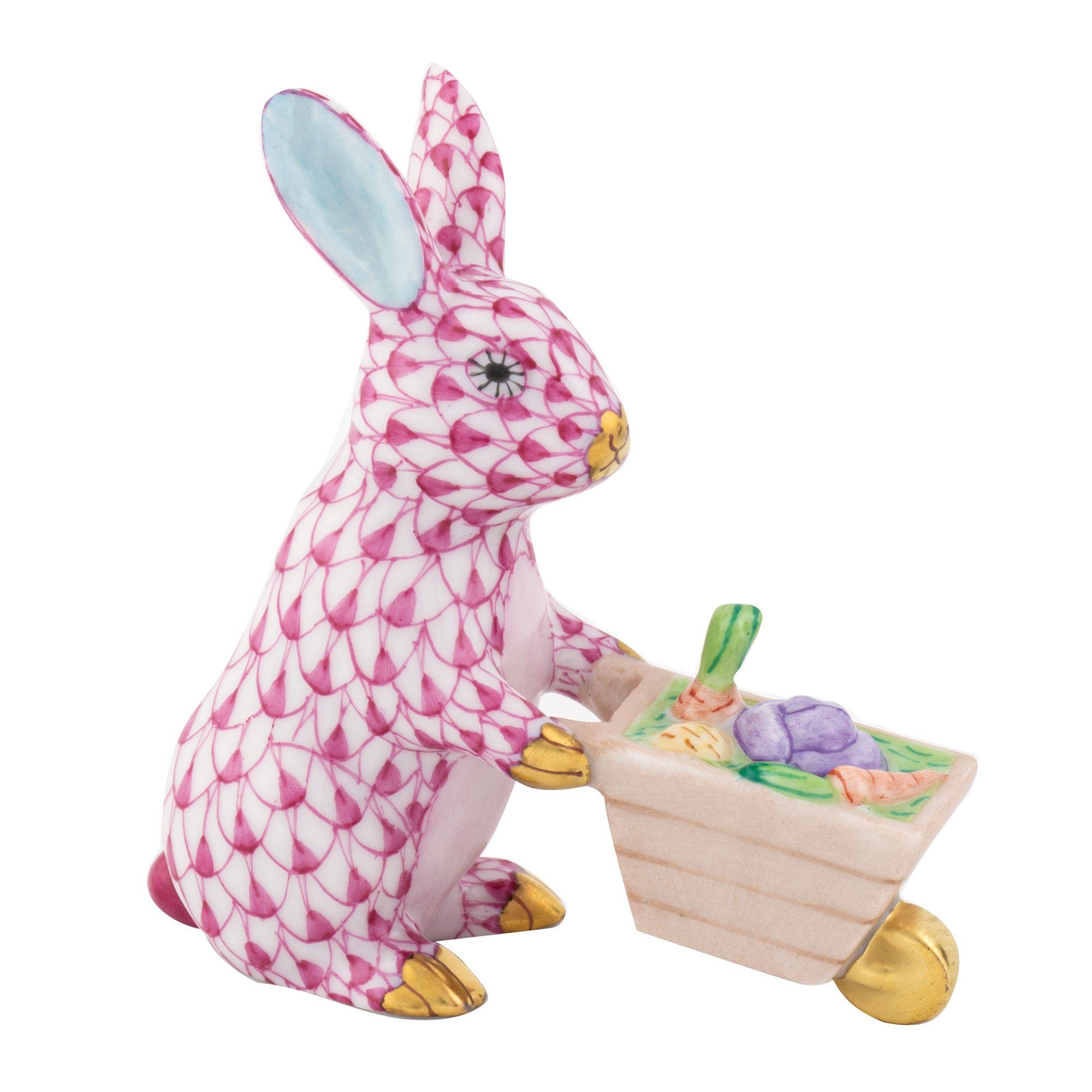 Handmade and Hand - painted Herend Wheelbarrow Bunny Porcelain Figurine