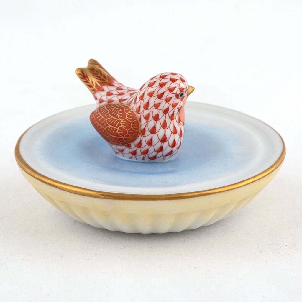 Handmade Herend Porcelain Figurine of a Bird Enjoying a Bath