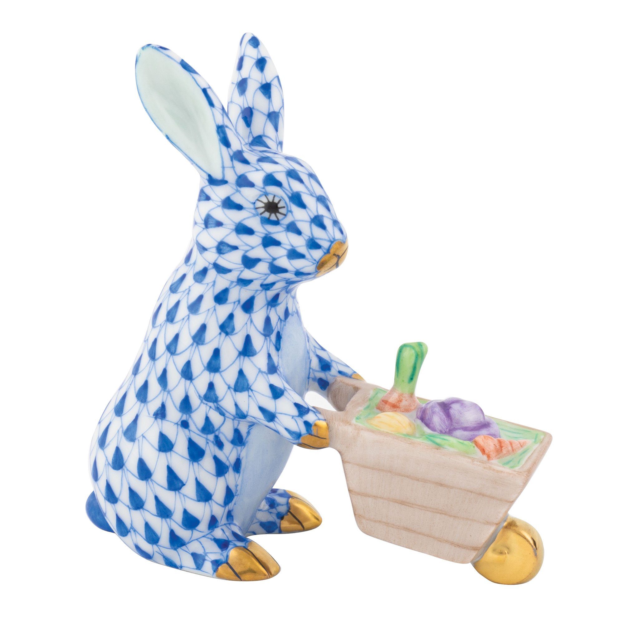 Handmade and Hand - painted Herend Wheelbarrow Bunny Porcelain Figurine