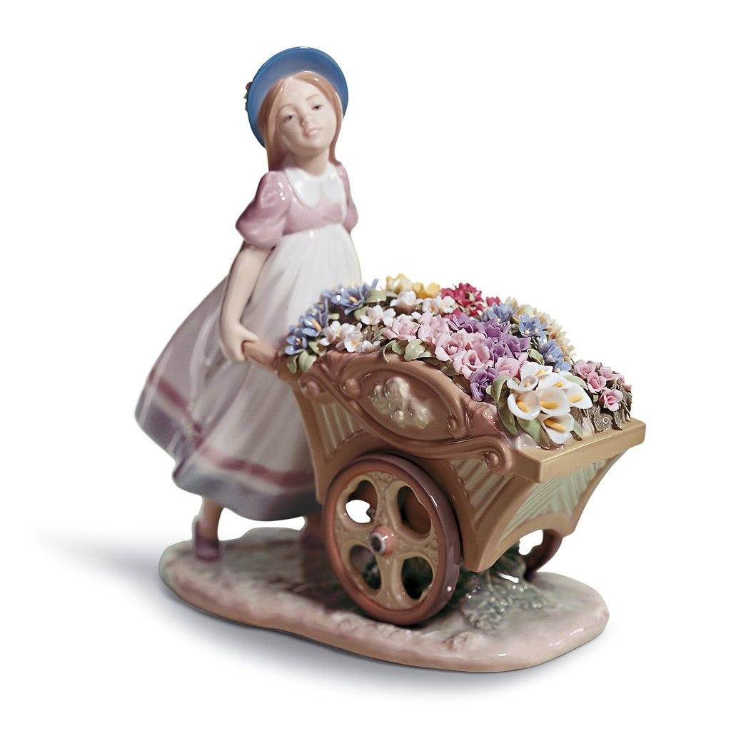 Exquisite Handmade Lladro Porcelain Figurine of a Girl with Flower Wheelbarrow