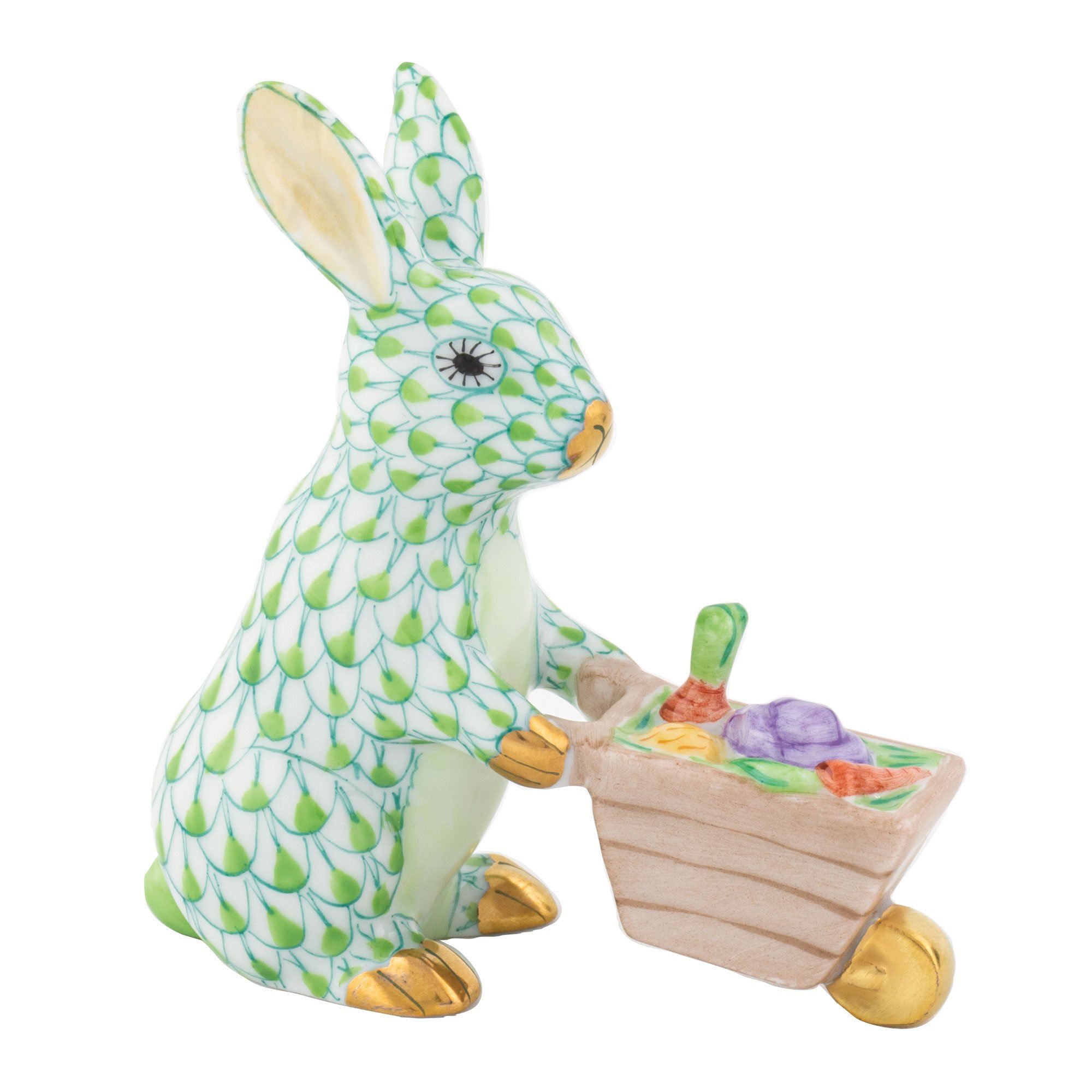 Handmade and Hand - painted Herend Wheelbarrow Bunny Porcelain Figurine