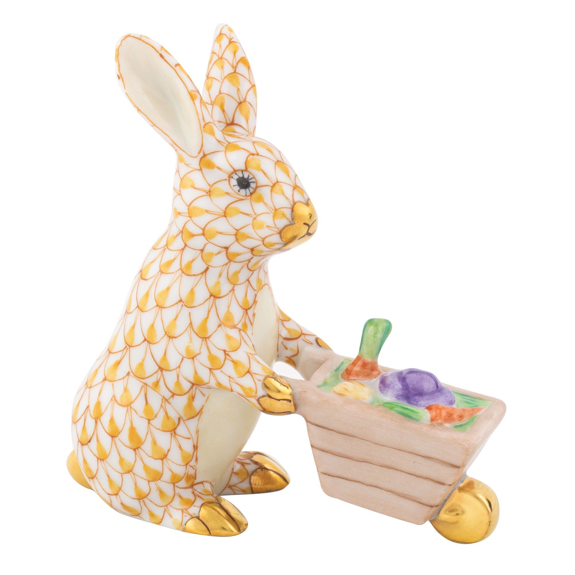Handmade and Hand - painted Herend Wheelbarrow Bunny Porcelain Figurine