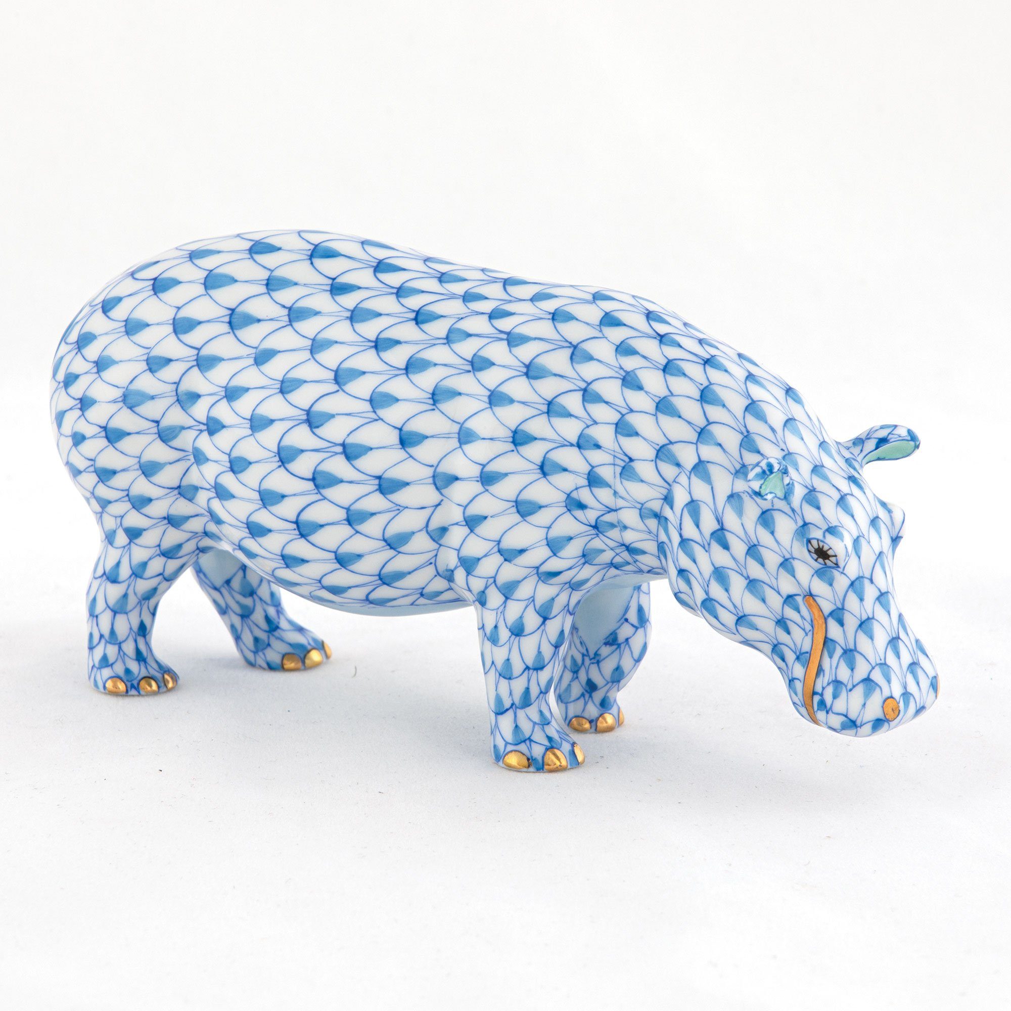 Handmade Herend Medium-Sized Hand-Painted Porcelain Hippopotamus Figurine
