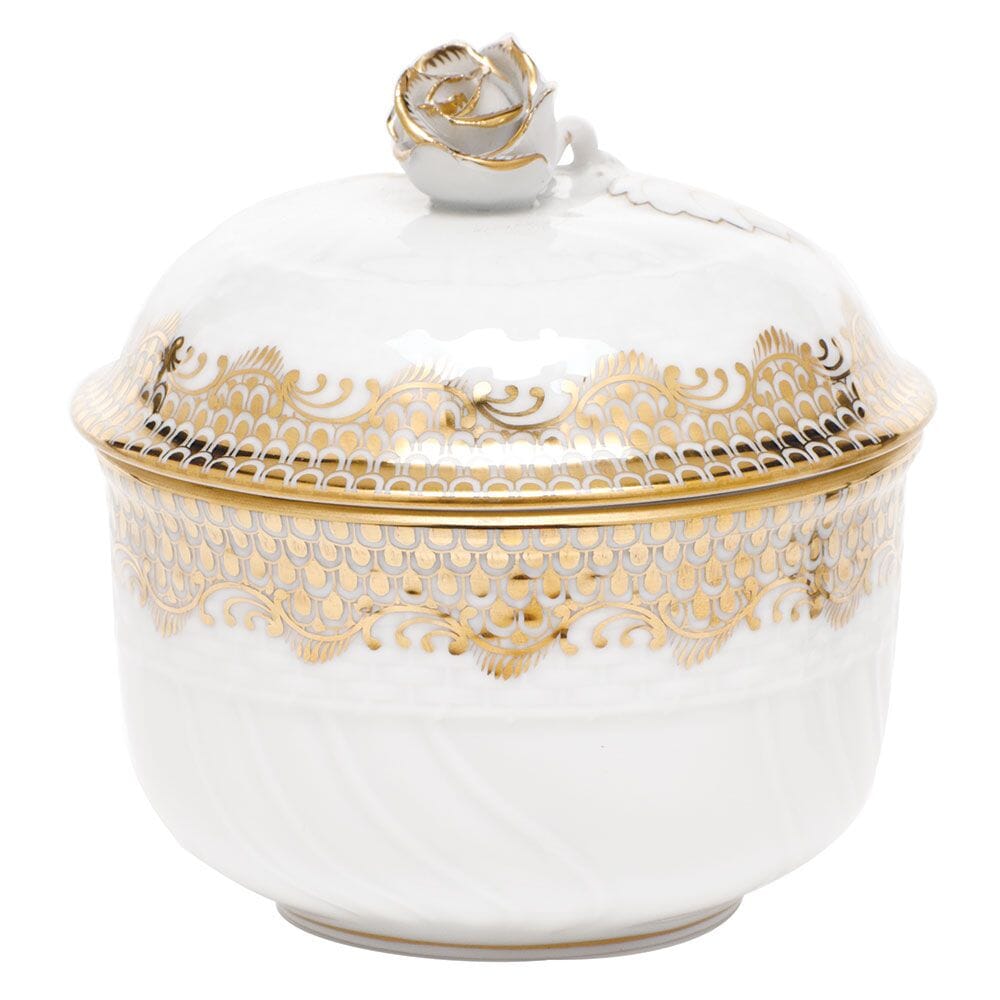 Herend Decorative Fish Scale Pattern Covered Sugar Bowl With Rose Embellishment