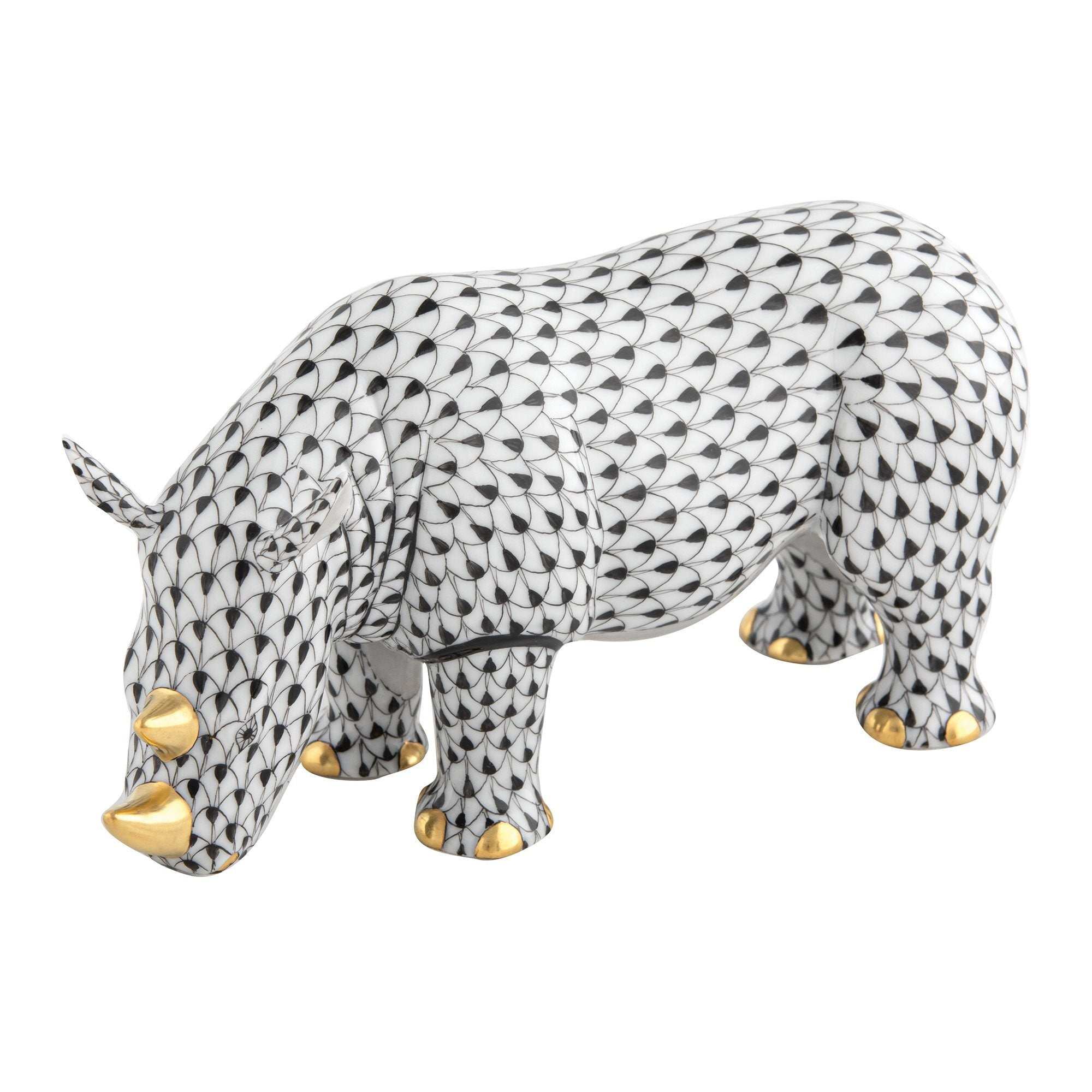 Exquisite Handmade Herend Standing Rhinoceros Porcelain Figurine
