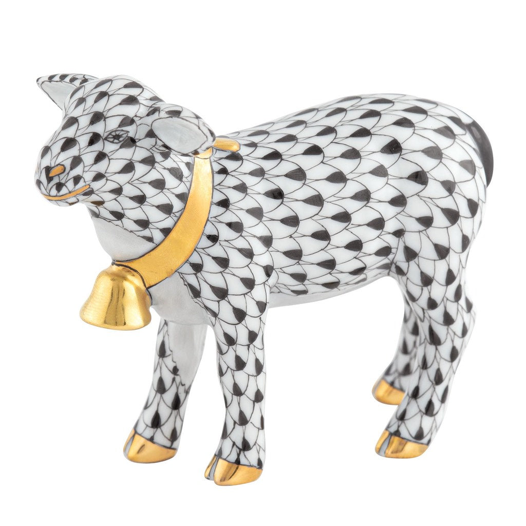 Exquisite Hand - painted Herend Porcelain Lamb Figurine with 24Kt Gold Bell