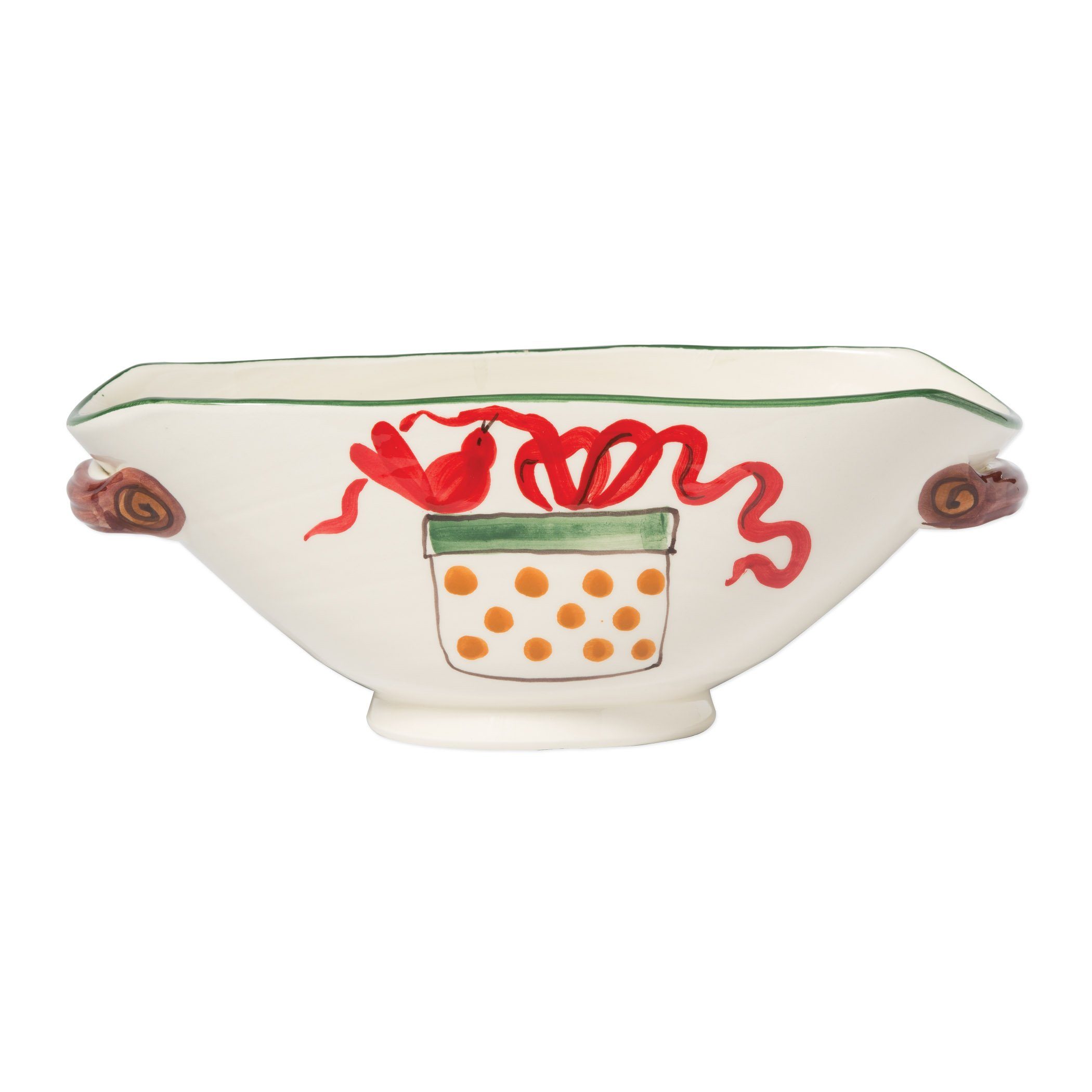 Vietri Oval Handled Bowl with Old St. Nick and Presents - A Festive Holiday Dishware
