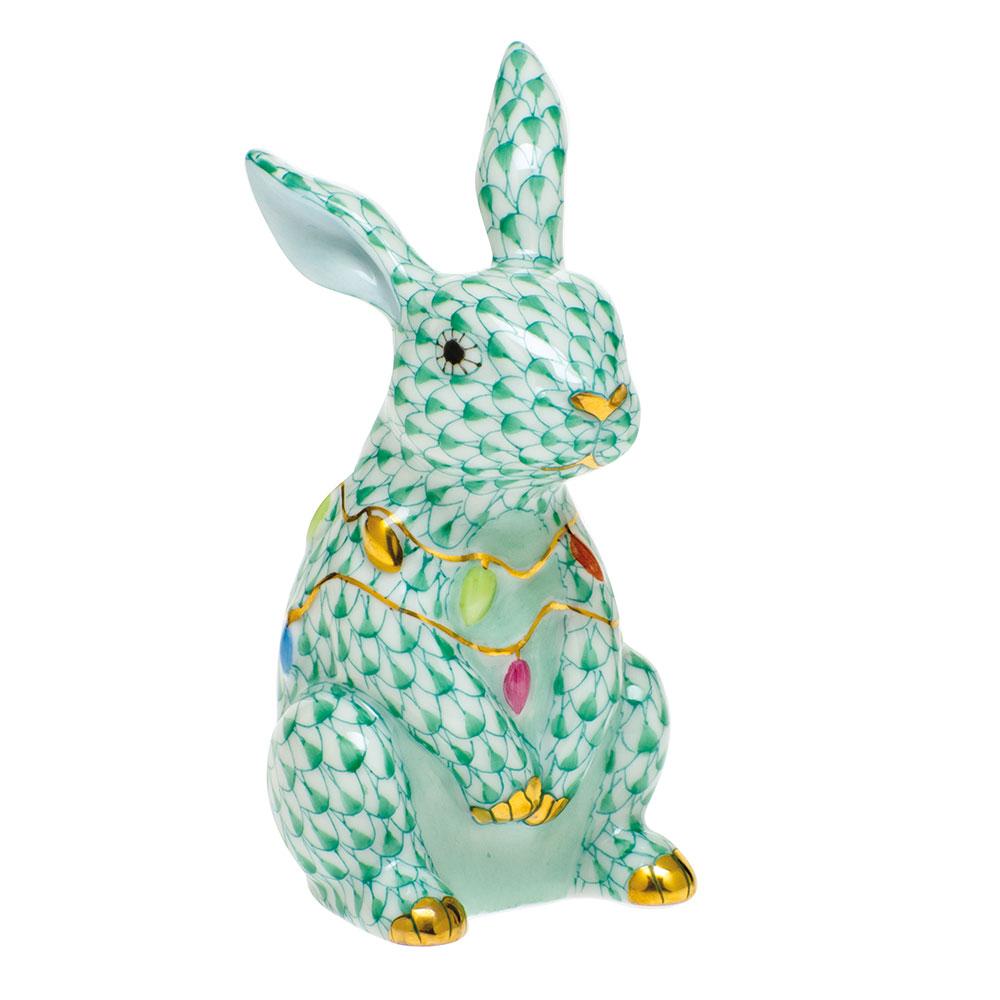 Exquisite Herend Handmade Porcelain Bunny Figurine Adorned with Christmas Lights