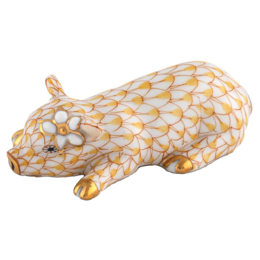 Exquisite Handmade Herend Porcelain Figurine of Daisy the Pig with a Daisy on Her Ear