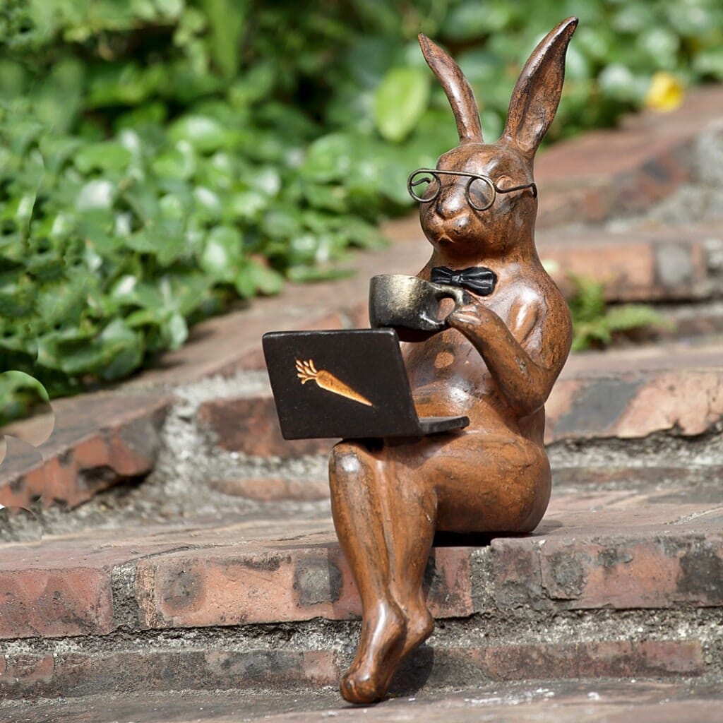 Whimsical Aluminum SPI Garden Coffee Break Rabbit Ledge Sitter Statue