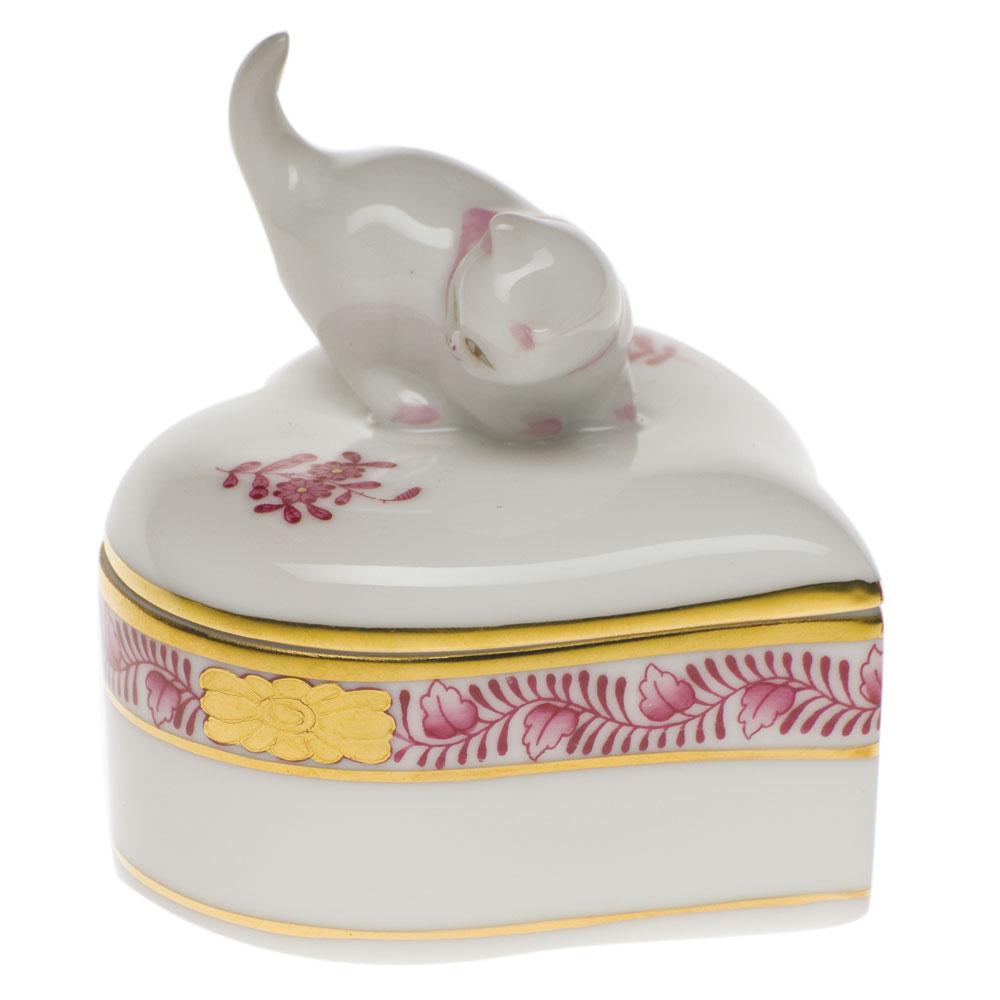 Exquisite Hand - painted Herend Heart - shaped Box with Cat Figurine