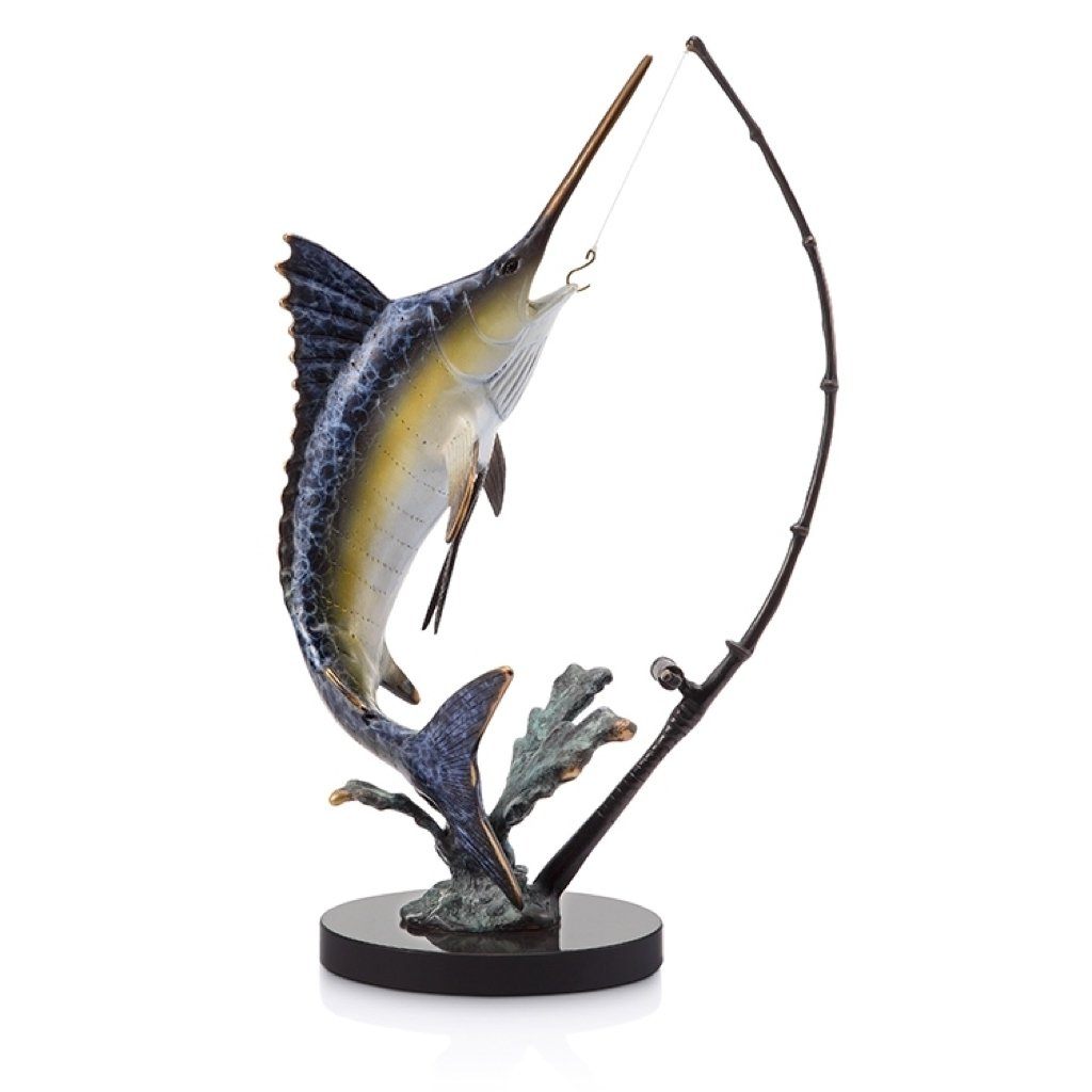 SPI Gallery Handmade Brass Fighting Marlin Sculpture with Tackle