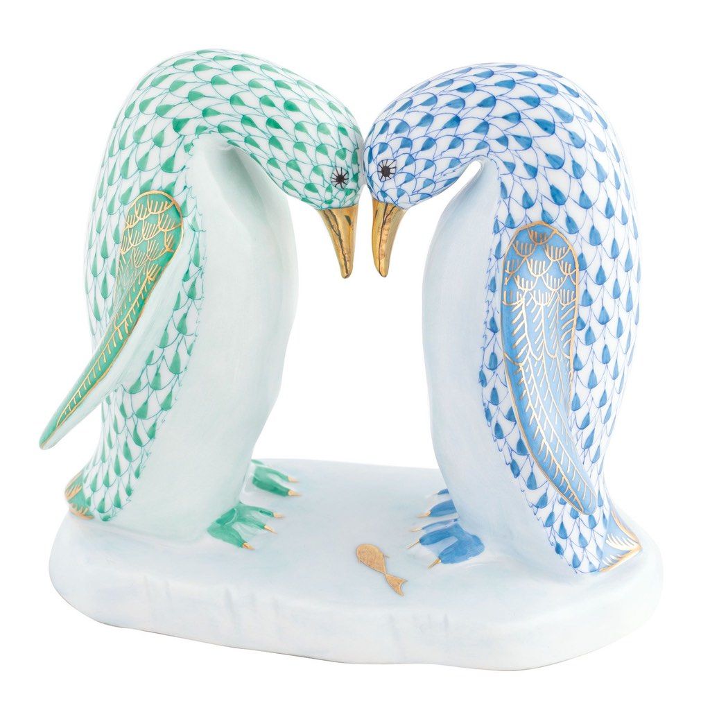 Handmade Herend Pair of Face - to - Face Penguins Figurine with 24K Gold Accents