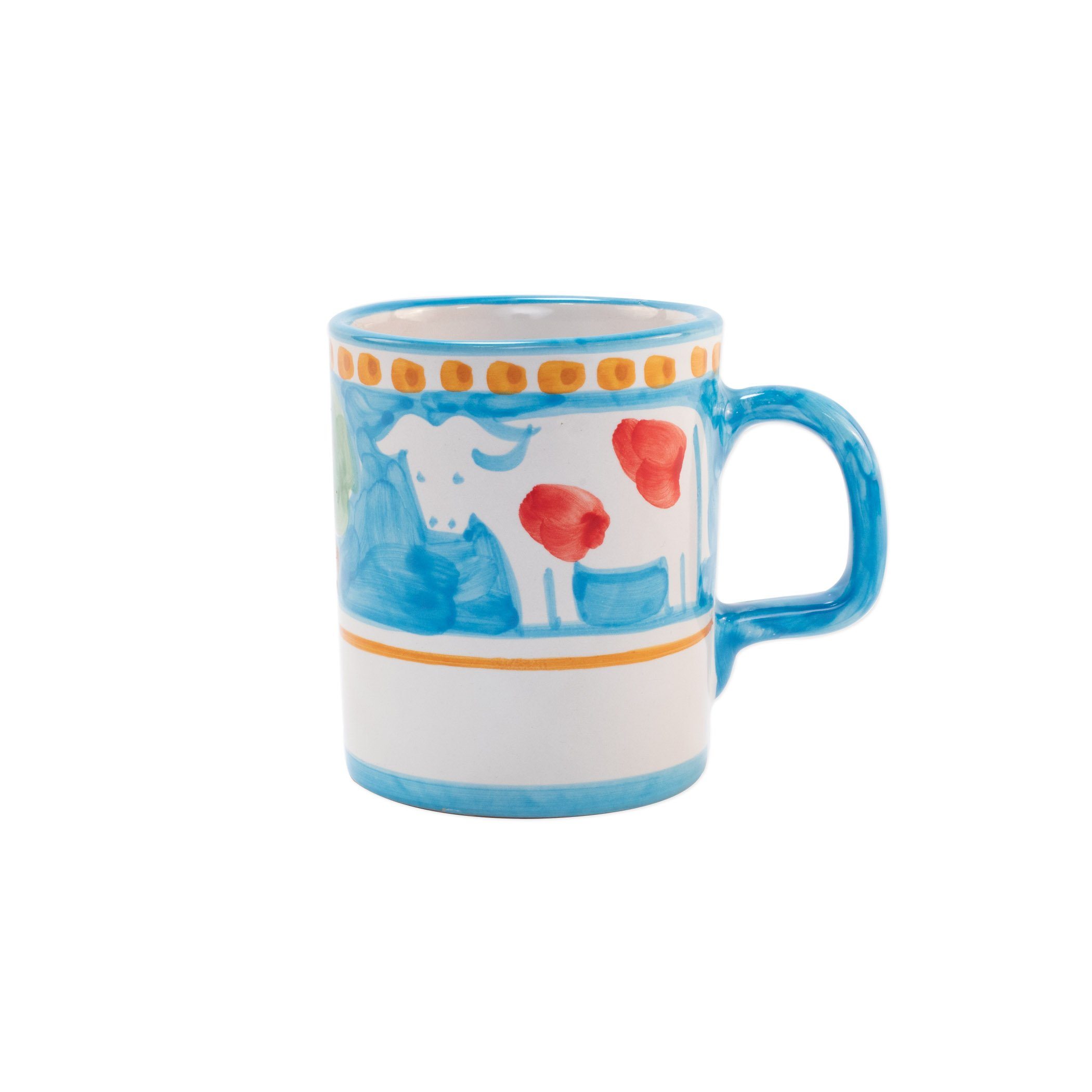 Handmade Vietri Campagna Cow Design Blue Mug with Orange Accents
