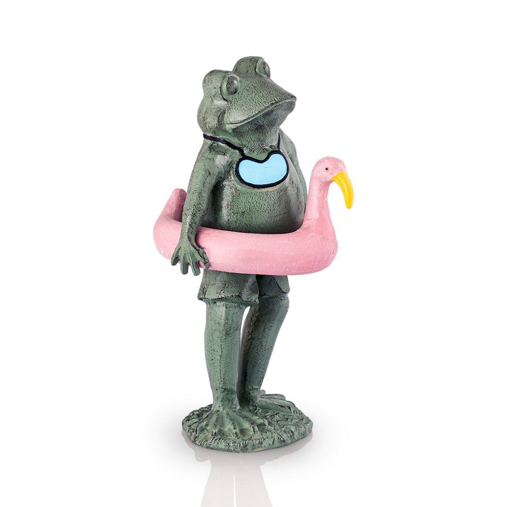 Stylish SPI Aluminum Garden and Beach Decorative Frog Sculpture with Pink Flamingo Pool Float