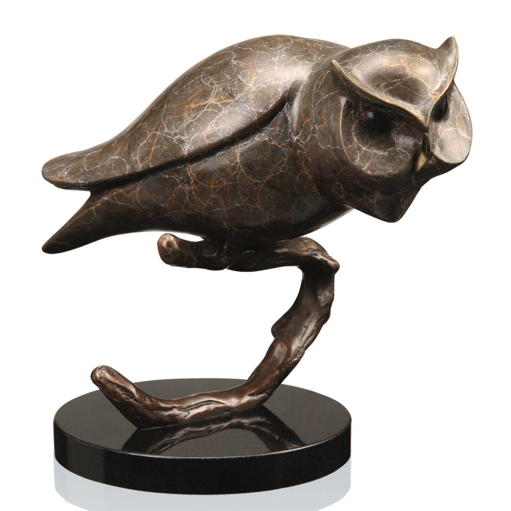 Handmade Brass Hot Patina Finish Owl on Branch Sculpture
