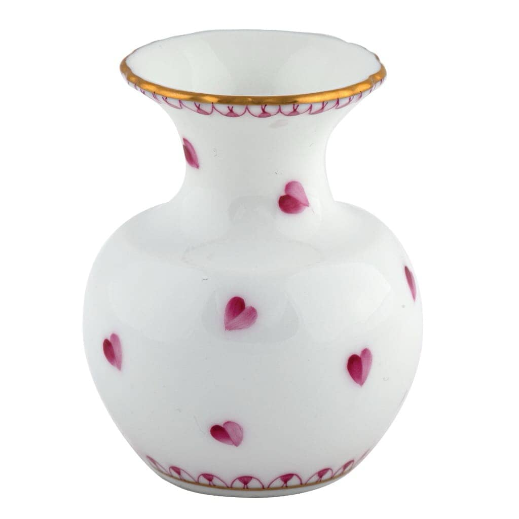Exquisite Hand - painted Herend Small Vase with Pink Hearts and Gold Rims
