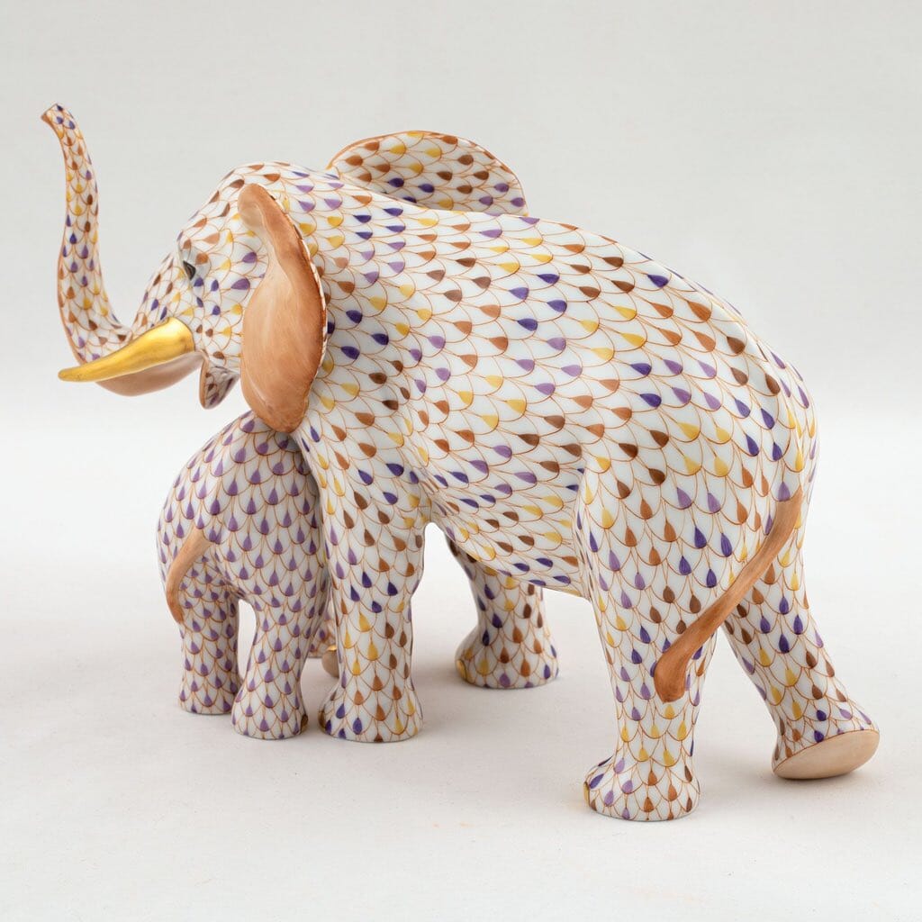 Limited Edition Herend Hand - painted Mother and Baby Elephant Porcelain Figurine