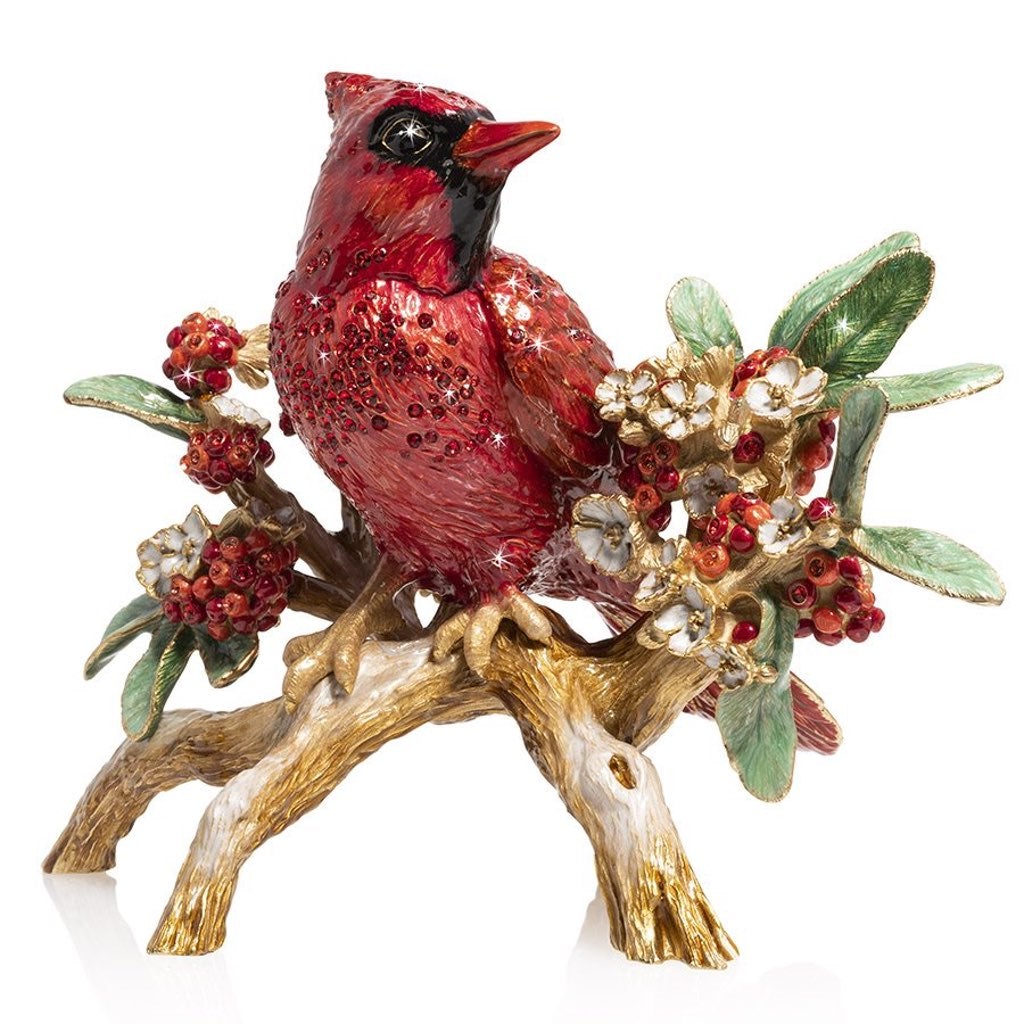 Exquisite Jay Strongwater Hand - Enameled Red Cardinal on Flower Branch Figurine