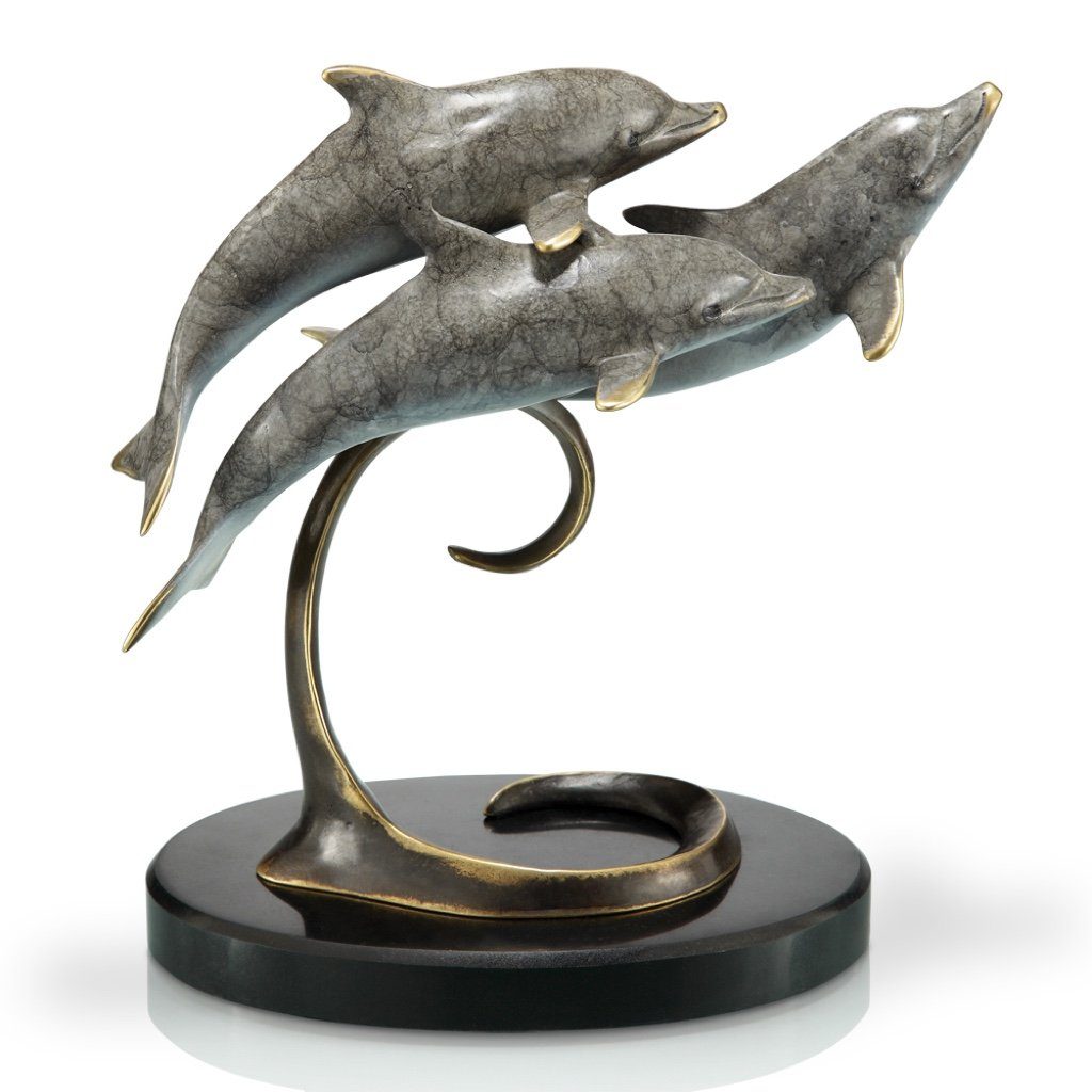 Stunning Handmade Brass Triple Dolphins Sculpture on Marble Base