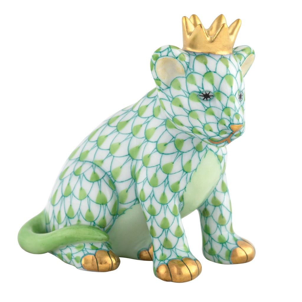 Exquisite Herend Hand - made Porcelain Lion Cub Figurine Wearing a Crown