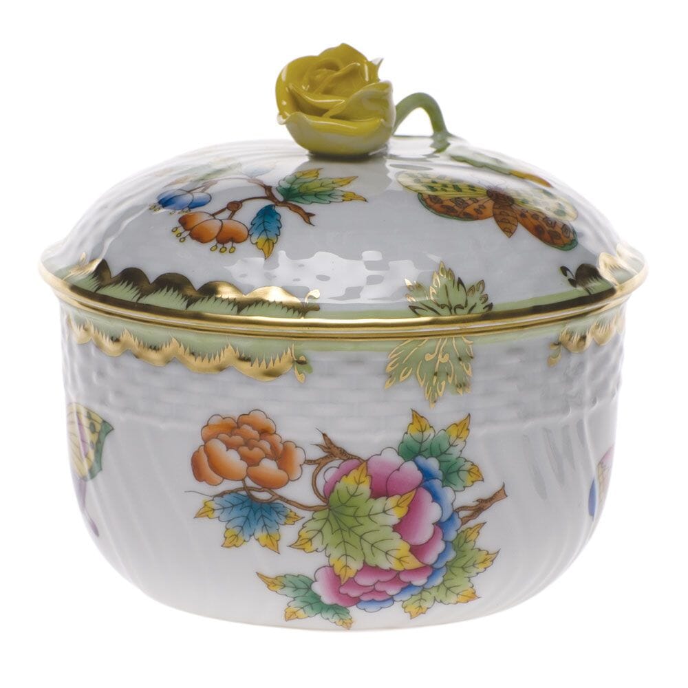 Exquisite Herend Queen Victoria Pattern 10 oz. Covered Sugar Bowl with Hand - Sculpted Rose