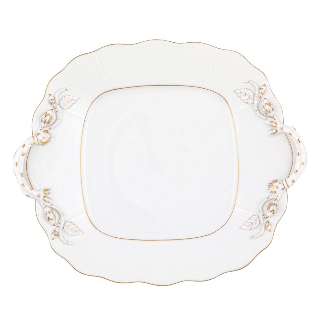 Exquisite Herend Square Cake Plate with Handles Featuring Golden Edge Design