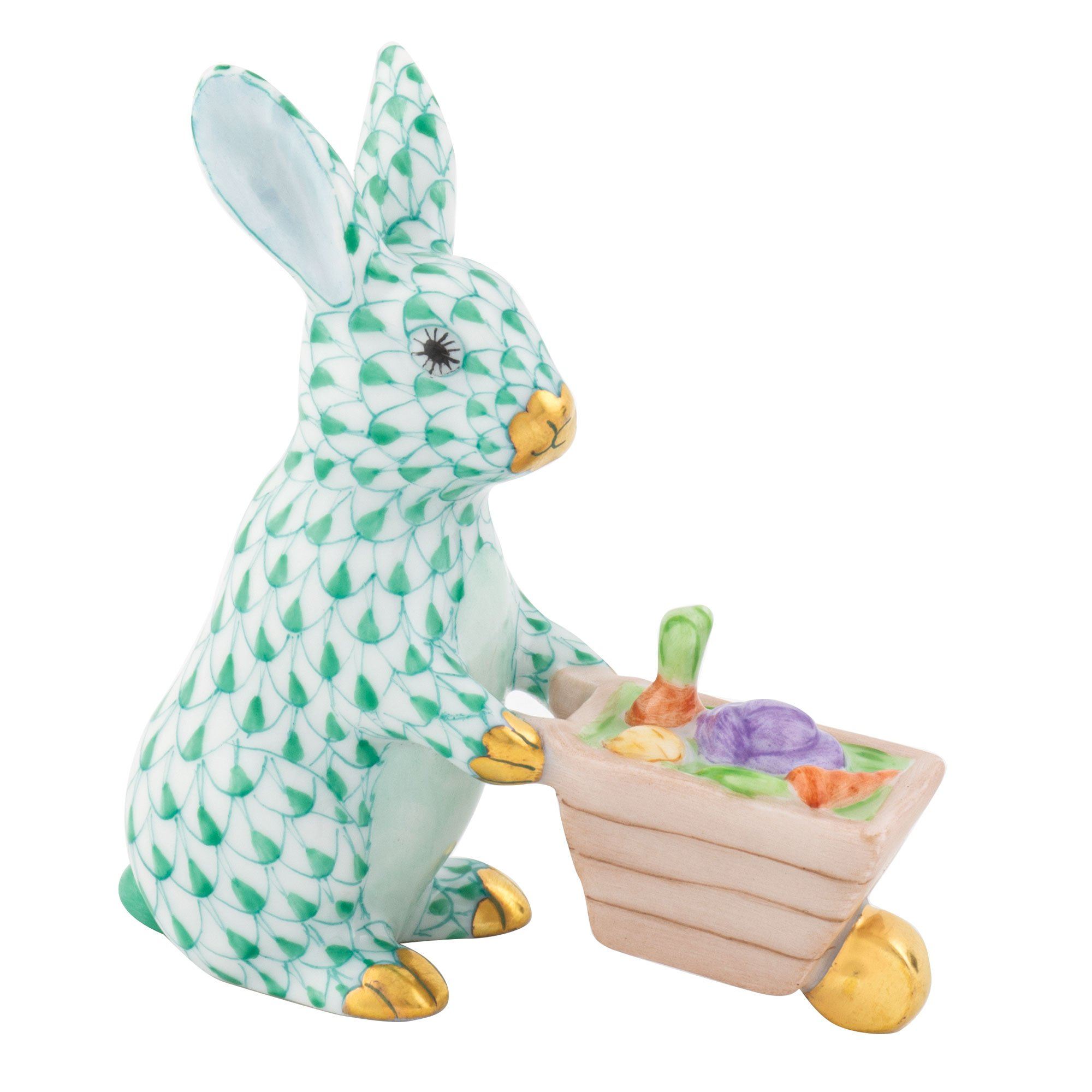 Handmade and Hand - painted Herend Wheelbarrow Bunny Porcelain Figurine