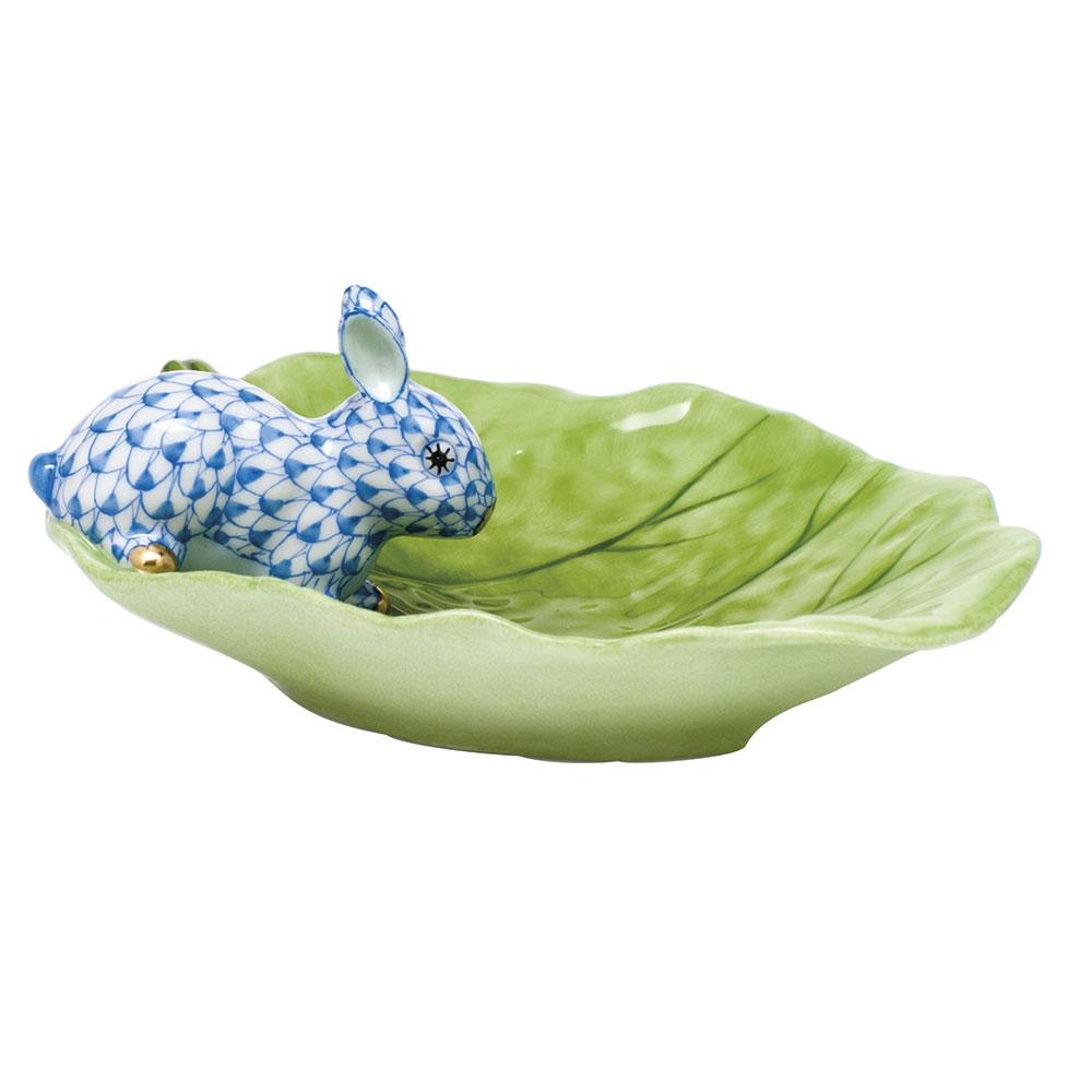 Charming Herend Hand - painted Porcelain Bunny Statue on Cabbage Leaf Figurine