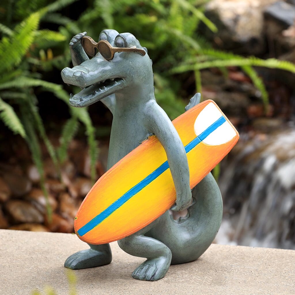 Fun SPI Aluminum Garden Alligator Sculpture with Sunglasses and Yellow Surfboard