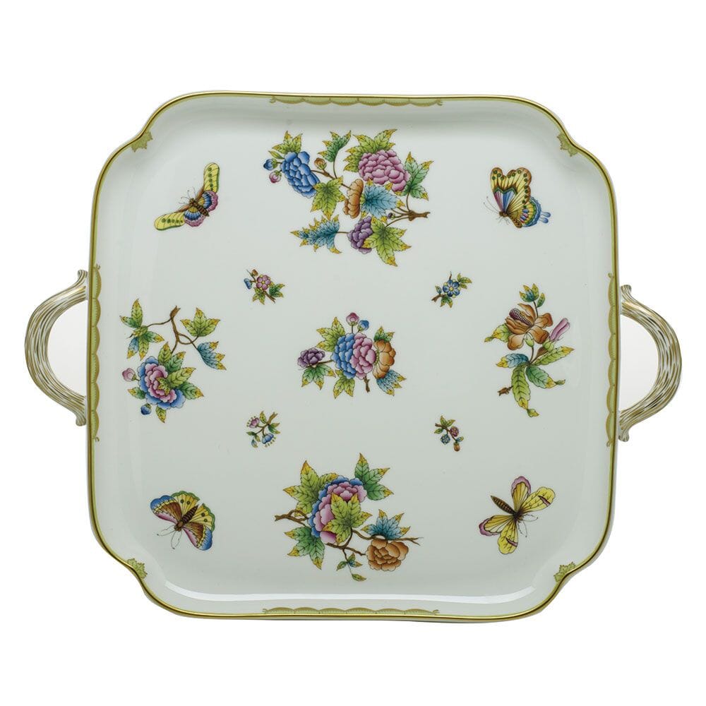 Exquisite Herend Queen Victoria Patterned Square Serving Tray with Convenient Handles