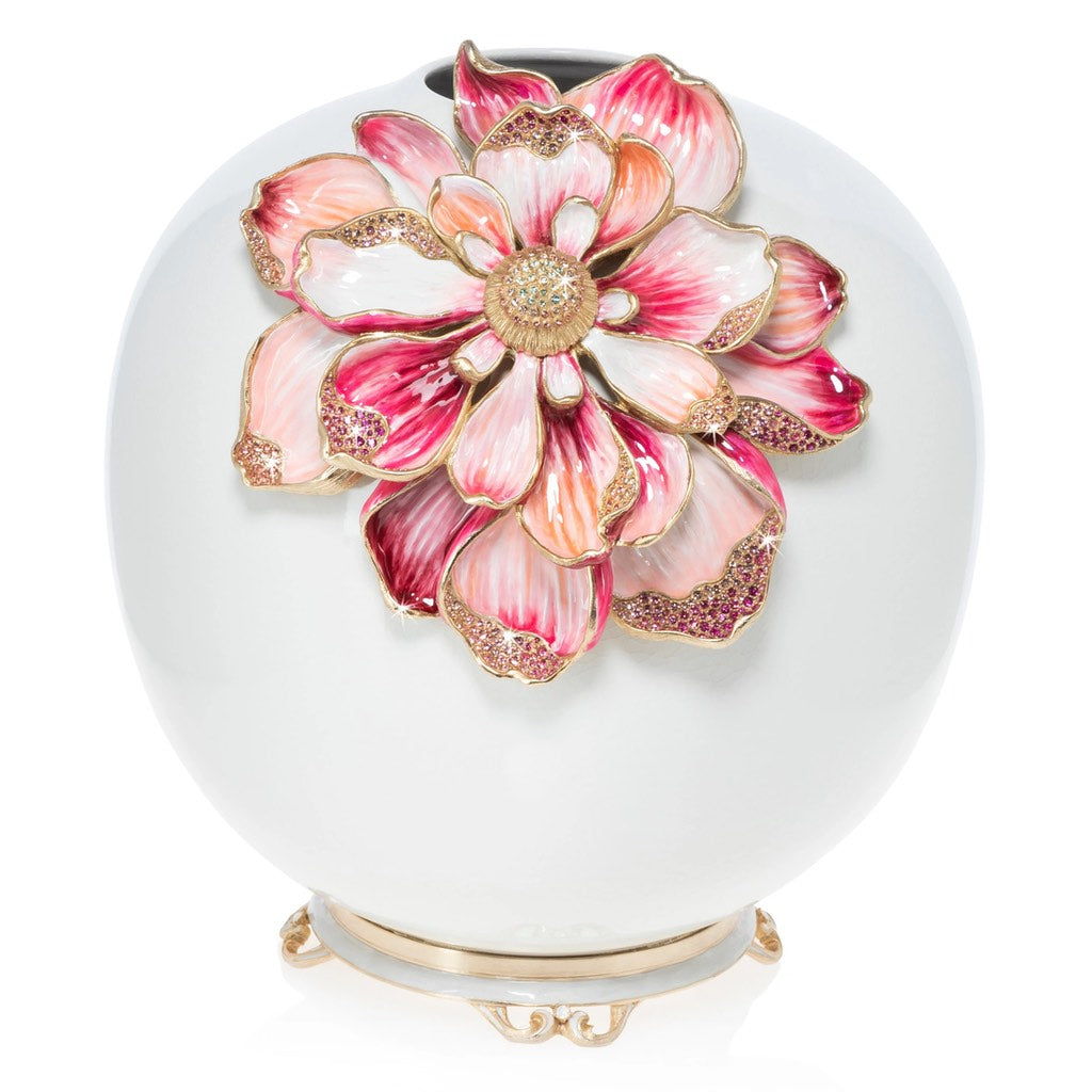 Exquisite Jay Strongwater Decorative Dolly Magnolia Ceramic Vase with Metal Base and Crystal - Adorned Magnolia