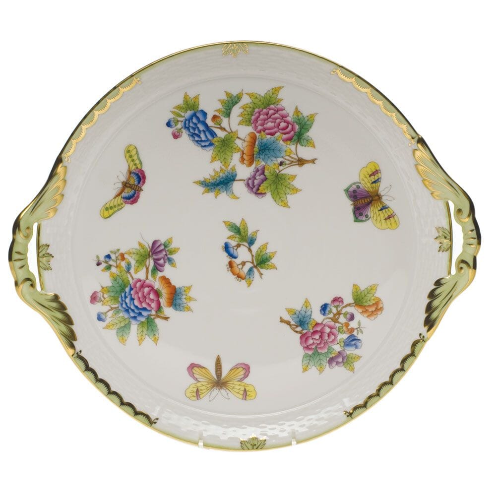 Exquisite Herend Round Porcelain Tray with Handles and Queen Victoria Pattern