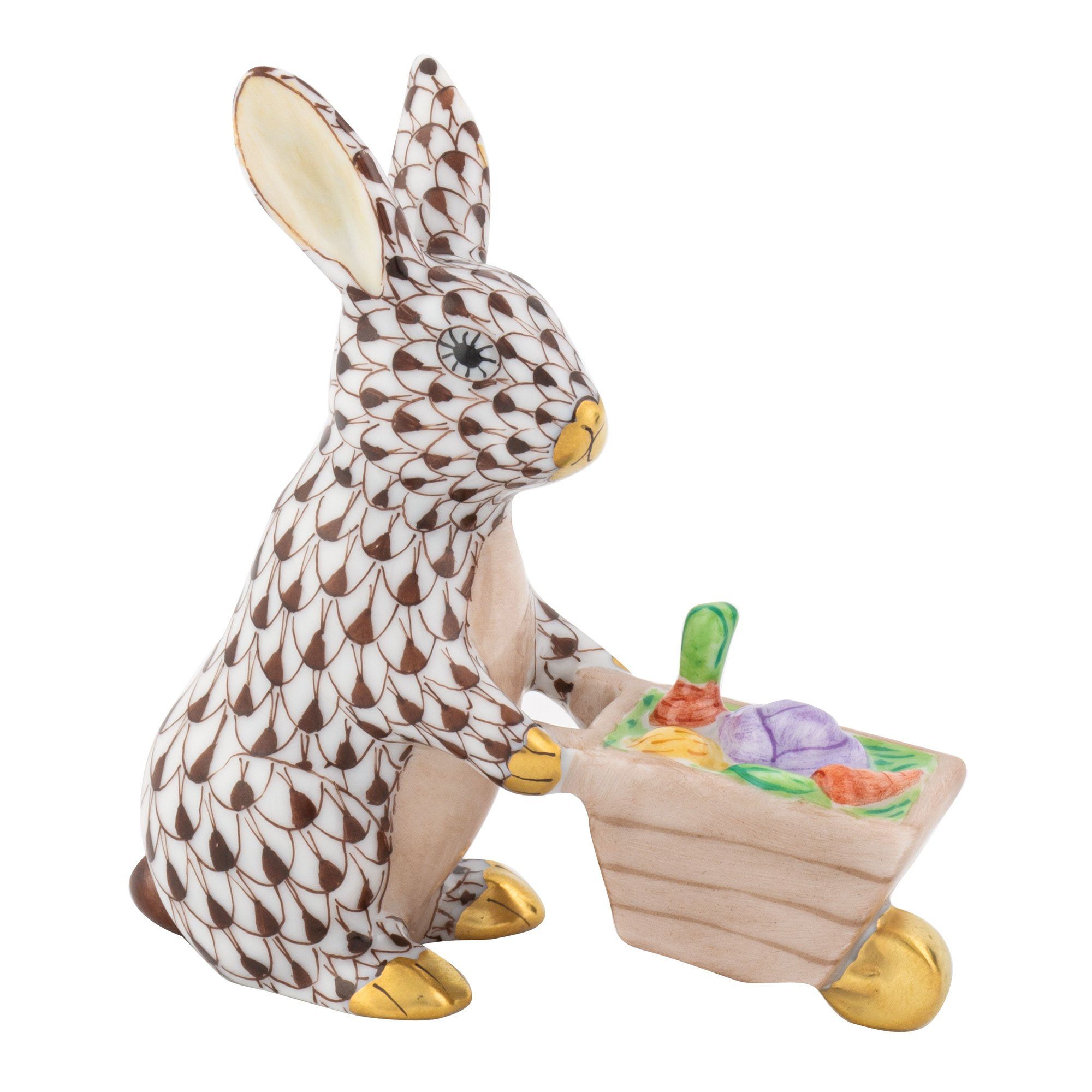 Handmade and Hand - painted Herend Wheelbarrow Bunny Porcelain Figurine