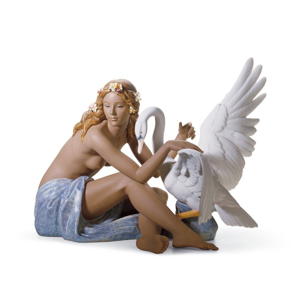Exquisite Lladro Handmade Porcelain Figurine of Leda And The Swan with Gres Finish