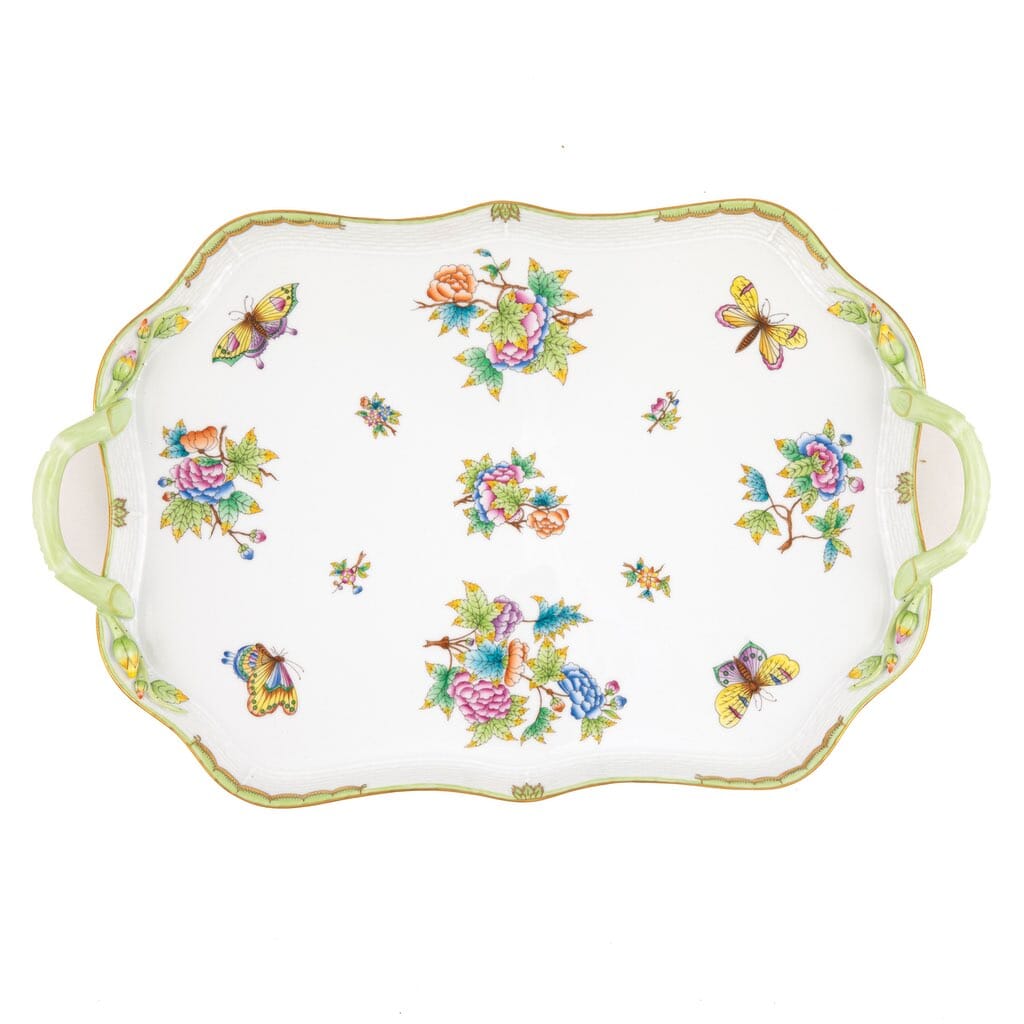 Exquisite Herend Porcelain Rectangular Serving Tray Inspired by Queen Victoria with Branch - Shaped Handles