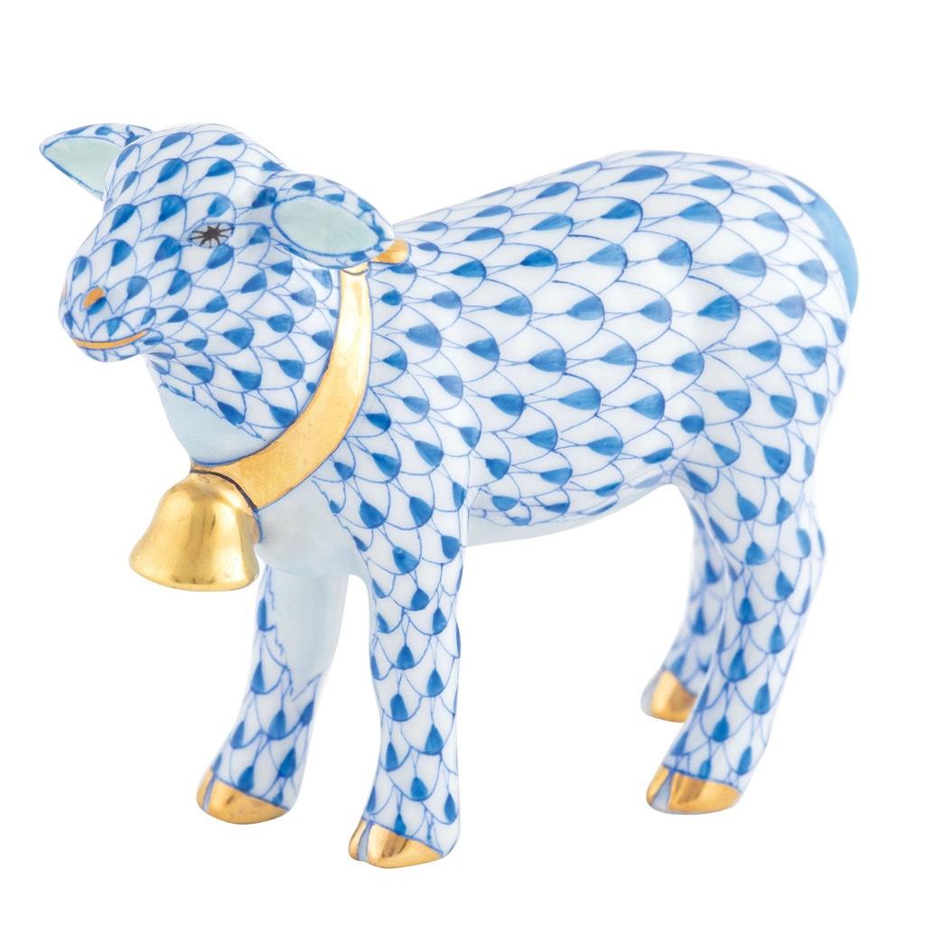 Exquisite Hand - painted Herend Porcelain Lamb Figurine with 24Kt Gold Bell