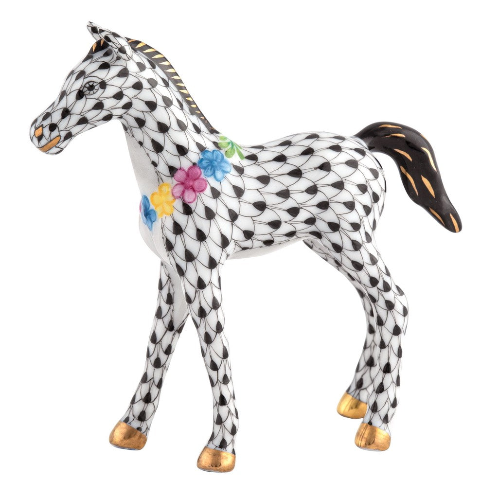 Herend Handmade Porcelain Figurine of a Playful Foal Adorned with Flowers