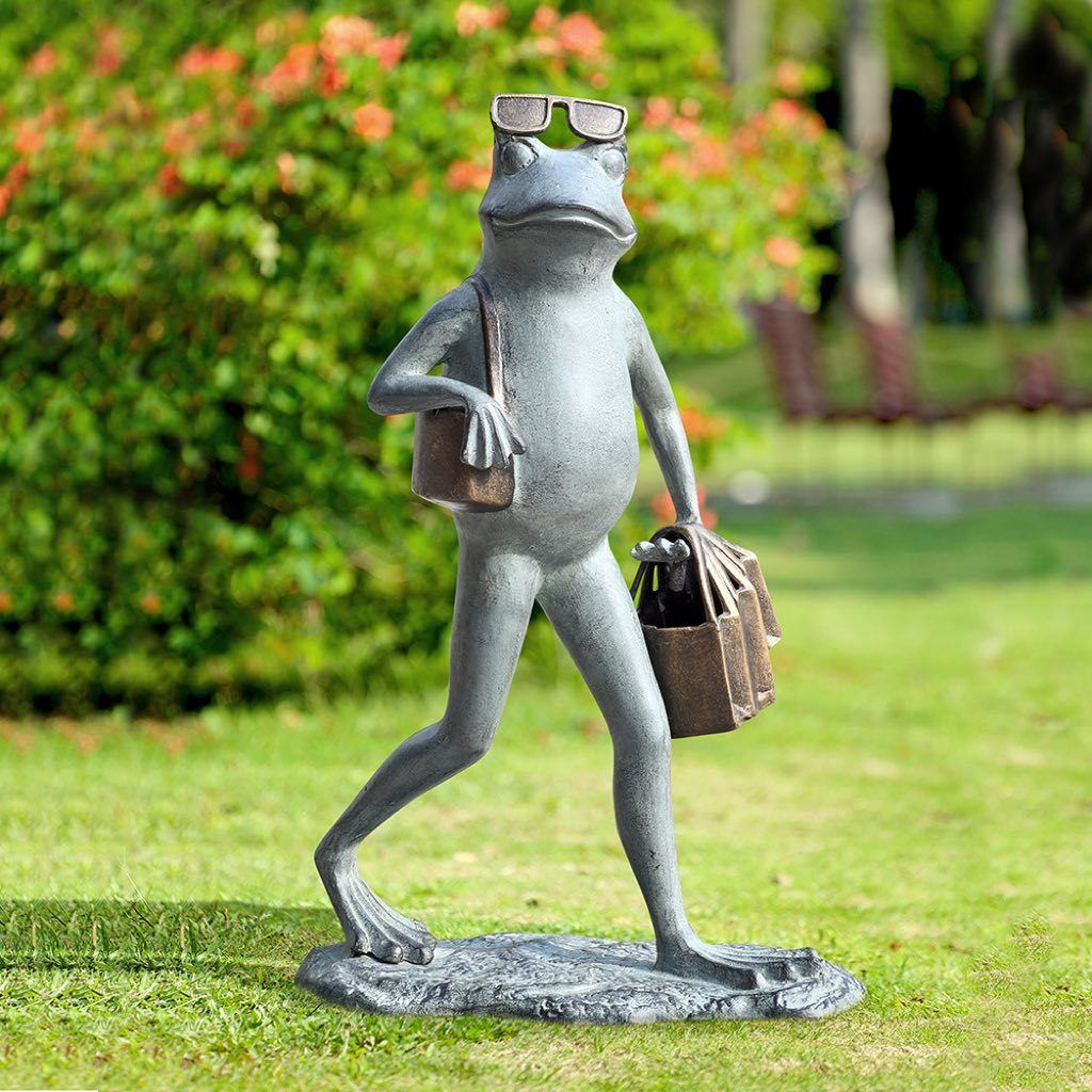 Adorable SPI Aluminum Garden Frog Sculpture with Sunglasses and Shopping Bags