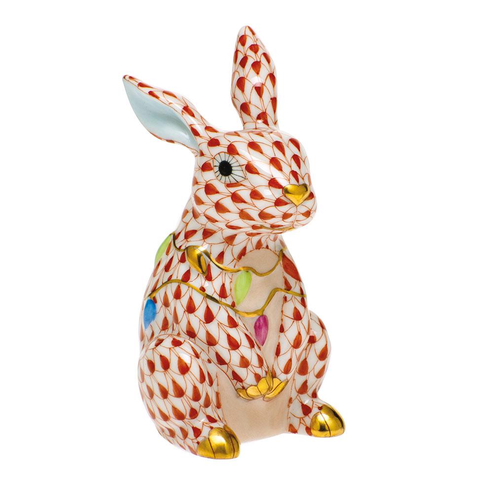 Exquisite Herend Handmade Porcelain Bunny Figurine Adorned with Christmas Lights