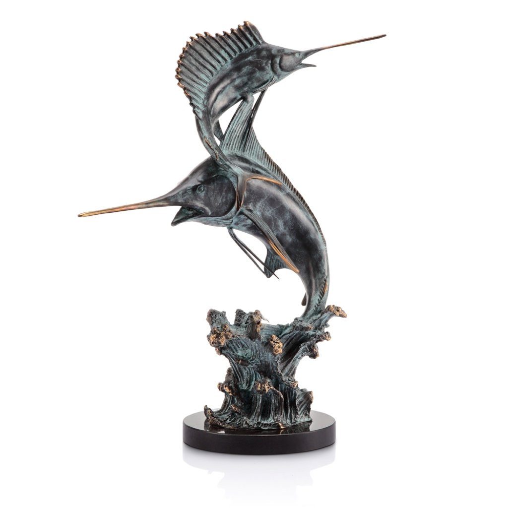 SPI Gallery Handmade Brass Two Billfish (Marlin & Sailfish) Wave - Riding Sculpture