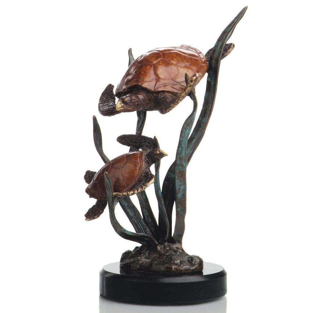 SPI Gallery Handmade Brass Sea Turtles Sculpture with Hot Patina Finish on Marble Base