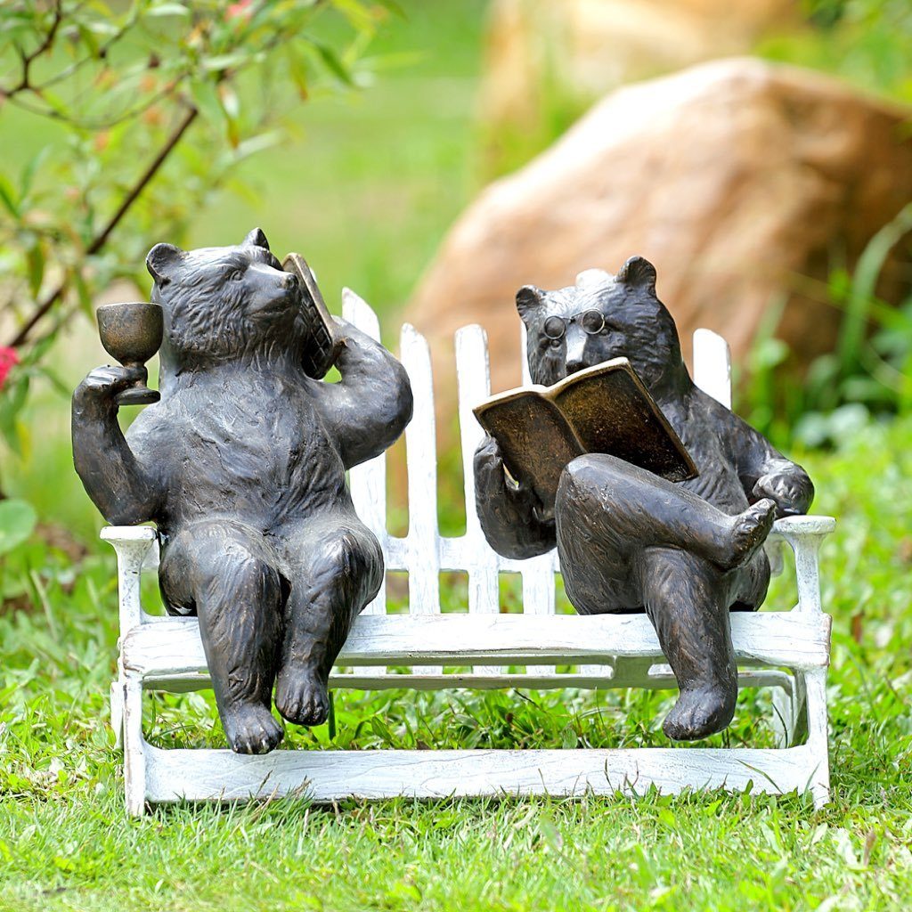 SPI Outdoor Garden Decor - Hipster Bears Sitting on a Bench Sculpture